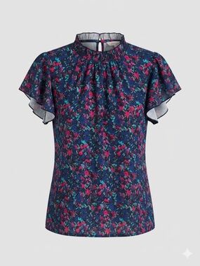 Floral Navy Flutter Sleeve Blouse